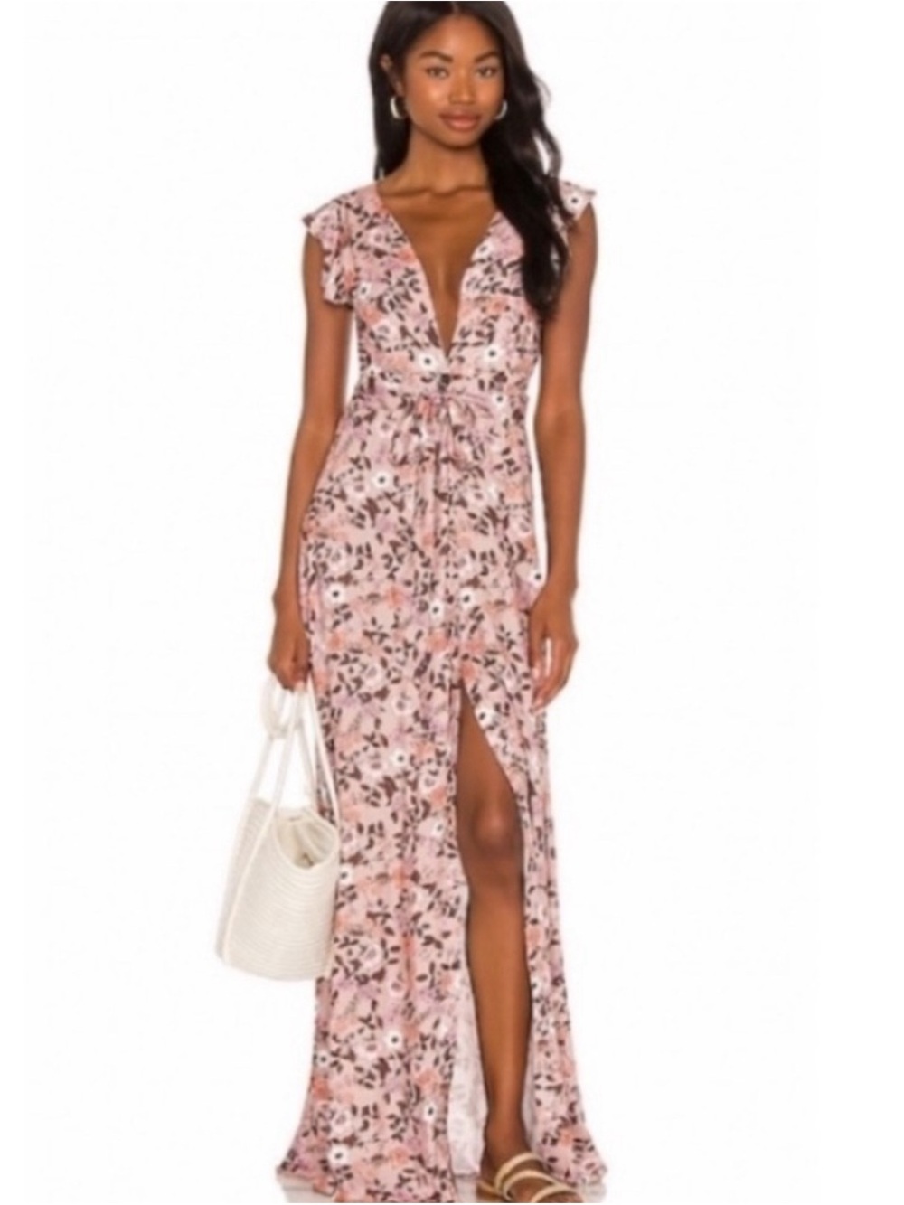 Maaji Pink Floral V-Neck Maxi Dress with Front Slit